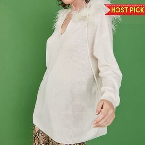 JAYLEY | NWT CASHMERE BLEND PULLOVER OSTRICH FEATHER HOODED TOP